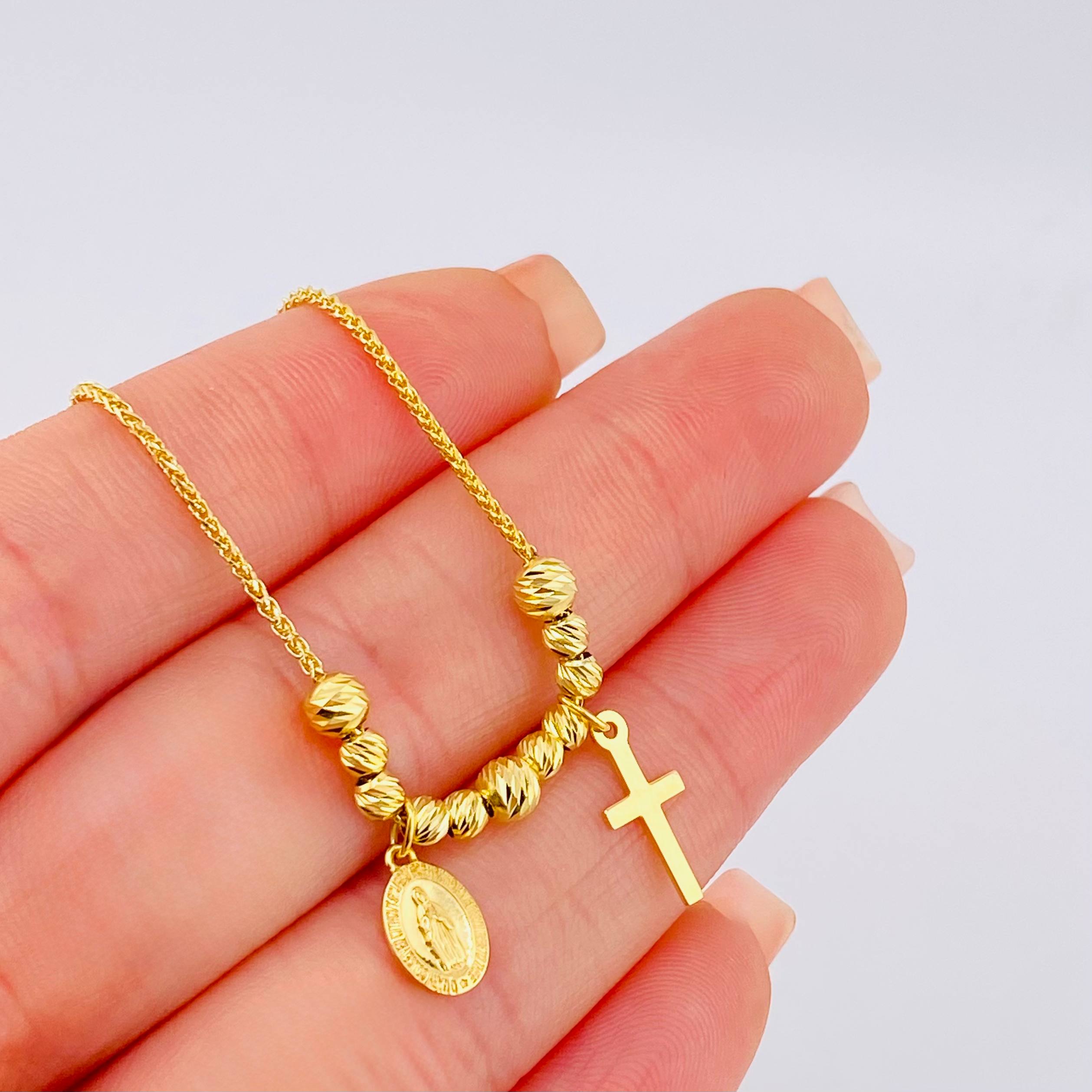 Pulso Franco Virgen Maria  Cruz Lisa 3.45gr / 9 in / 3mm-4mm Oro Amarillo +4 18K