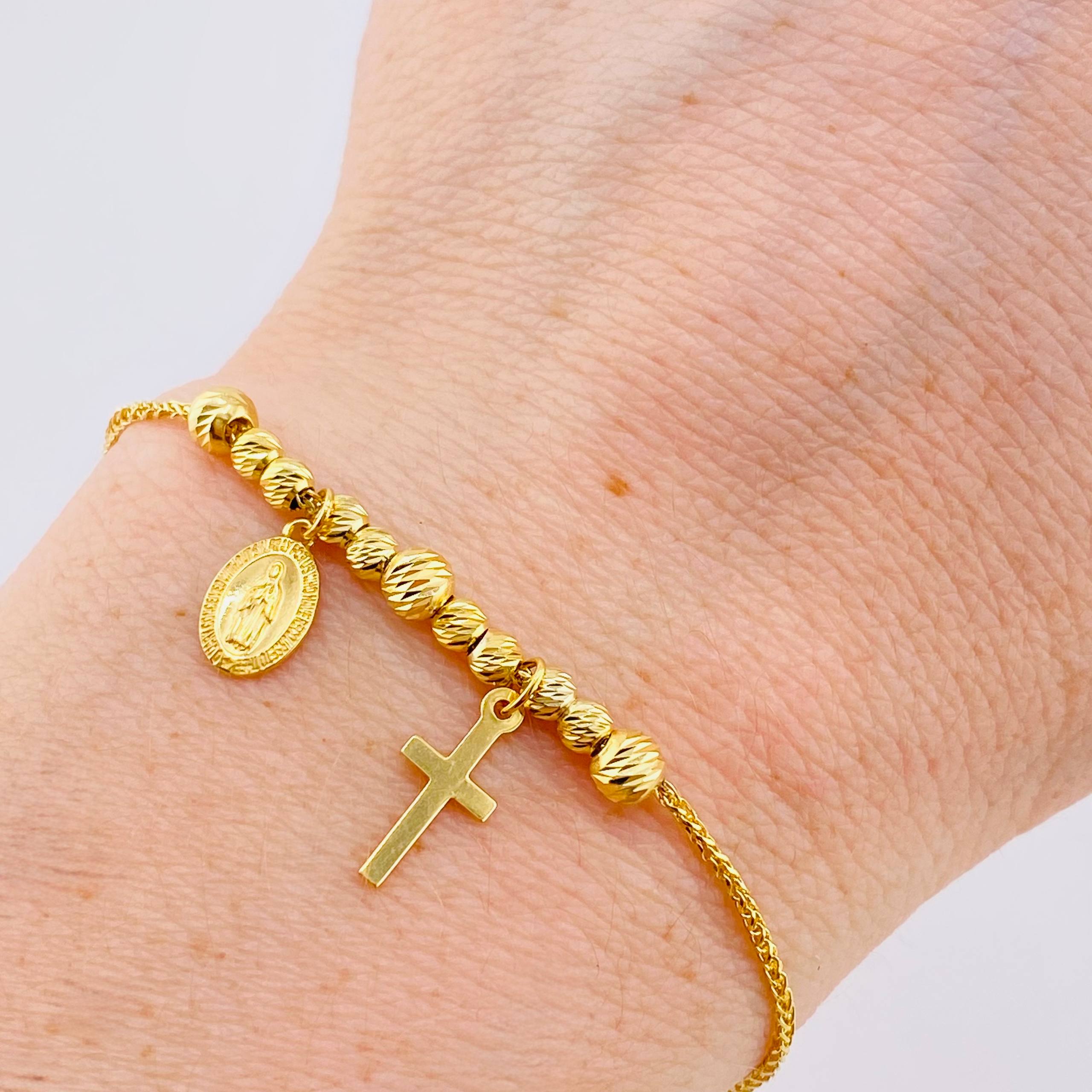 Pulso Franco Virgen Maria  Cruz Lisa 3.45gr / 9 in / 3mm-4mm Oro Amarillo +4 18K