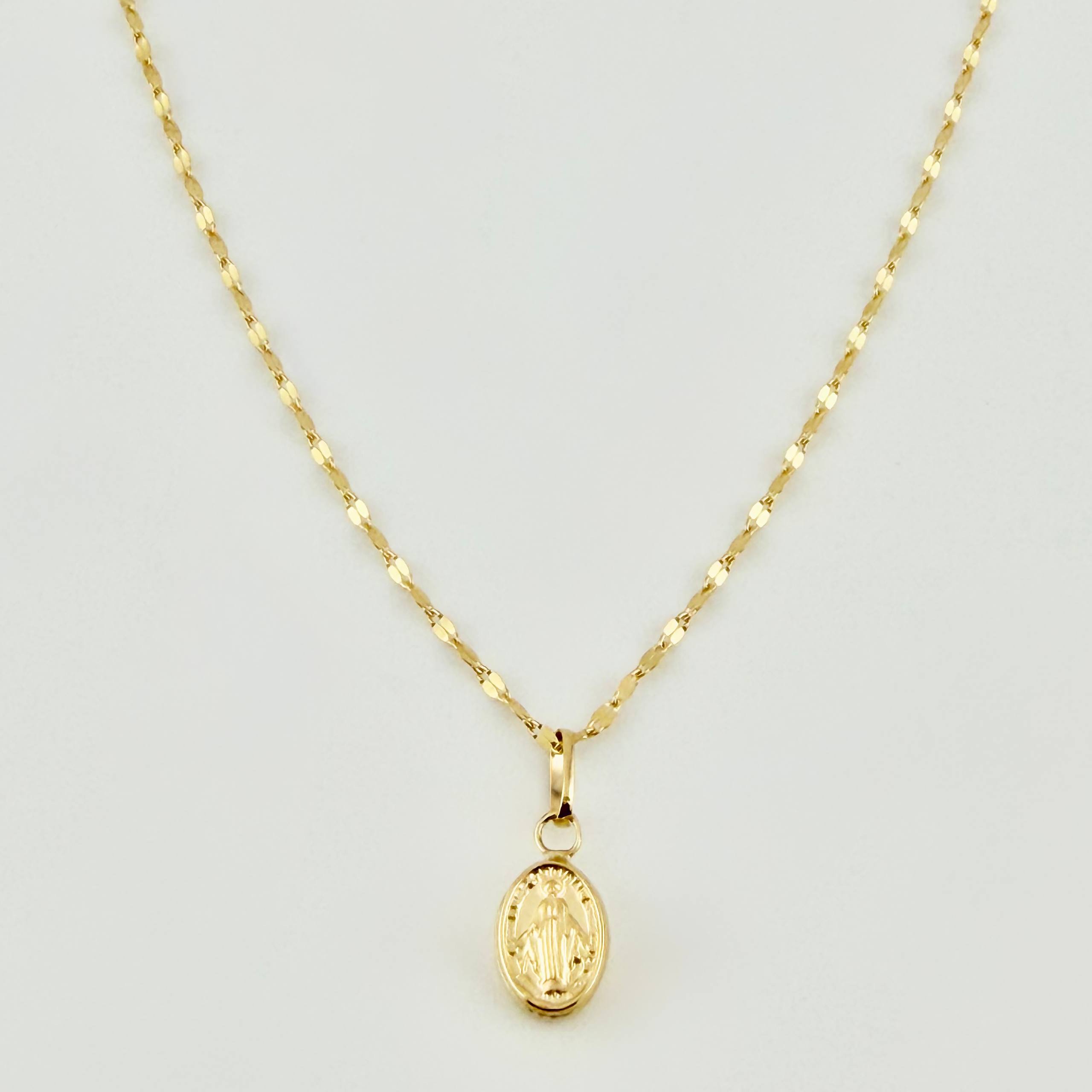 Set Cadena y Dije Flor Espejo + Virgen Milagrosa 1.4gr / 19 3/4 in / 1.3mm Oro Amarillo 18K
