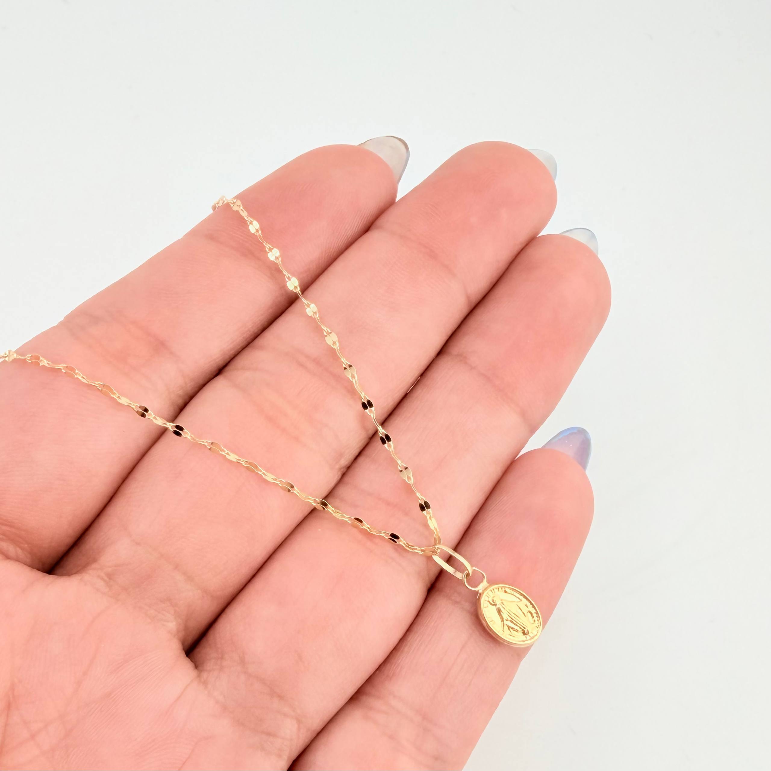Set Cadena y Dije Flor Espejo + Virgen Milagrosa 1.35gr / 17 3/4 in / 1.3mm Oro Amarillo 18K *