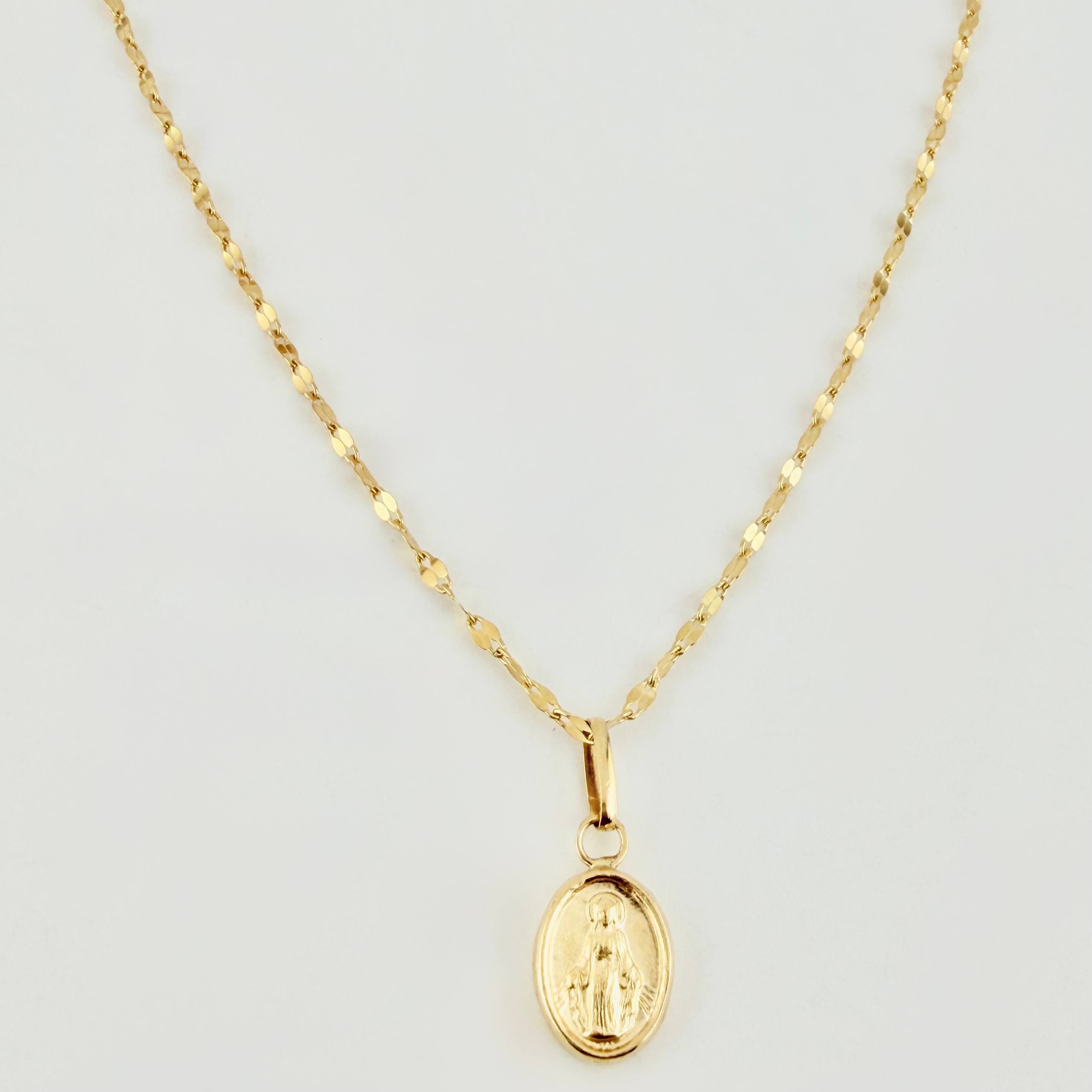 Set Cadena y Dije Flor Espejo + Virgen Milagrosa 1.35gr / 17 3/4 in / 1.3mm Oro Amarillo 18K
