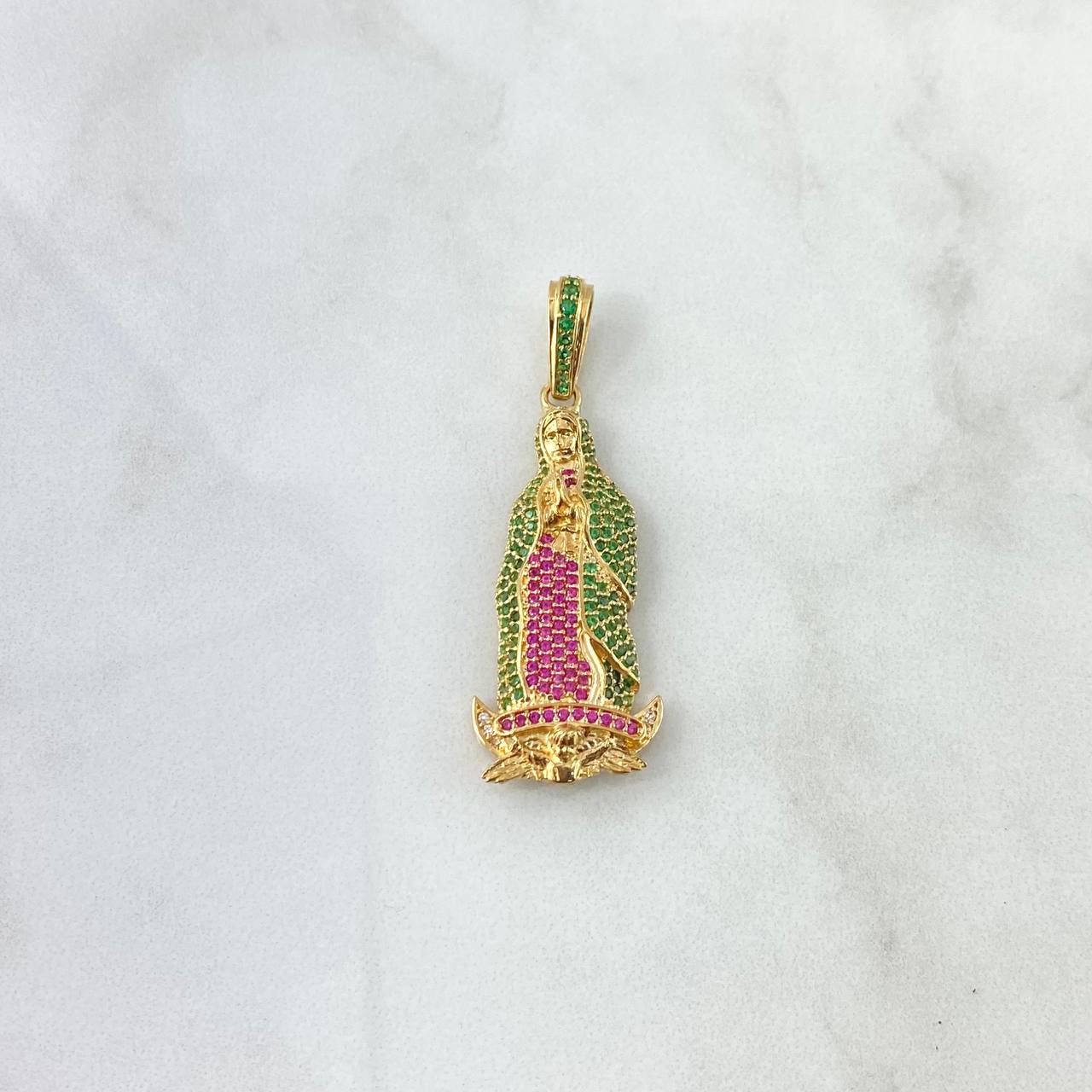 Dije Virgen de Guadalupe 7.3gr / 4.5cm / Circones Blancos Verdes Fucsia Oro Amarillo 18K ©