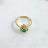 Halo Ring In Pear 3.65gr / Size 7 1/4 / Emeralds 46Pts - White Zircons 18K Yellow Gold ©