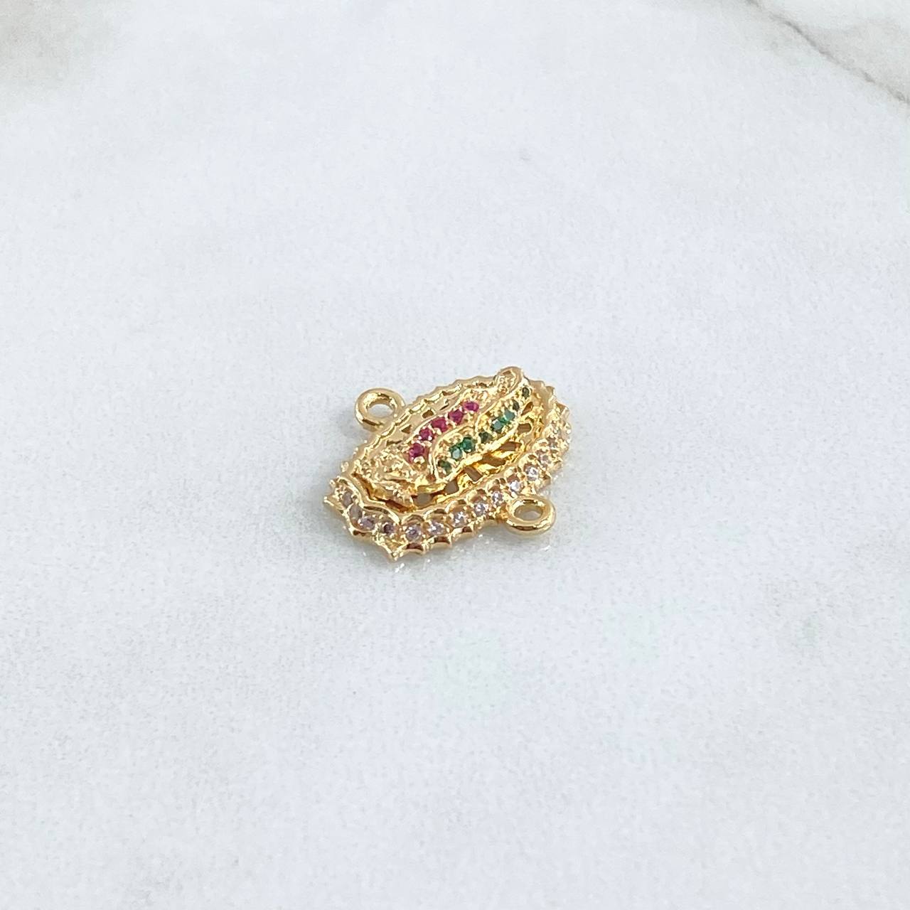 Charm Virgin Guadalupe Silhouette 2.7gr / 1.7cm / Filigree - White, Fuchsia, and Green Zircons 18K Yellow Gold ©