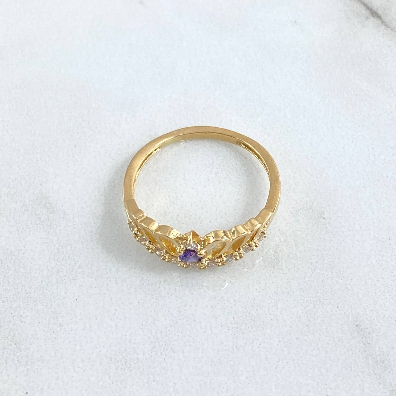 Wave Crown Ring 2.6gr / T7 3/4 / White Zircons - Purple 18K Yellow Gold ©