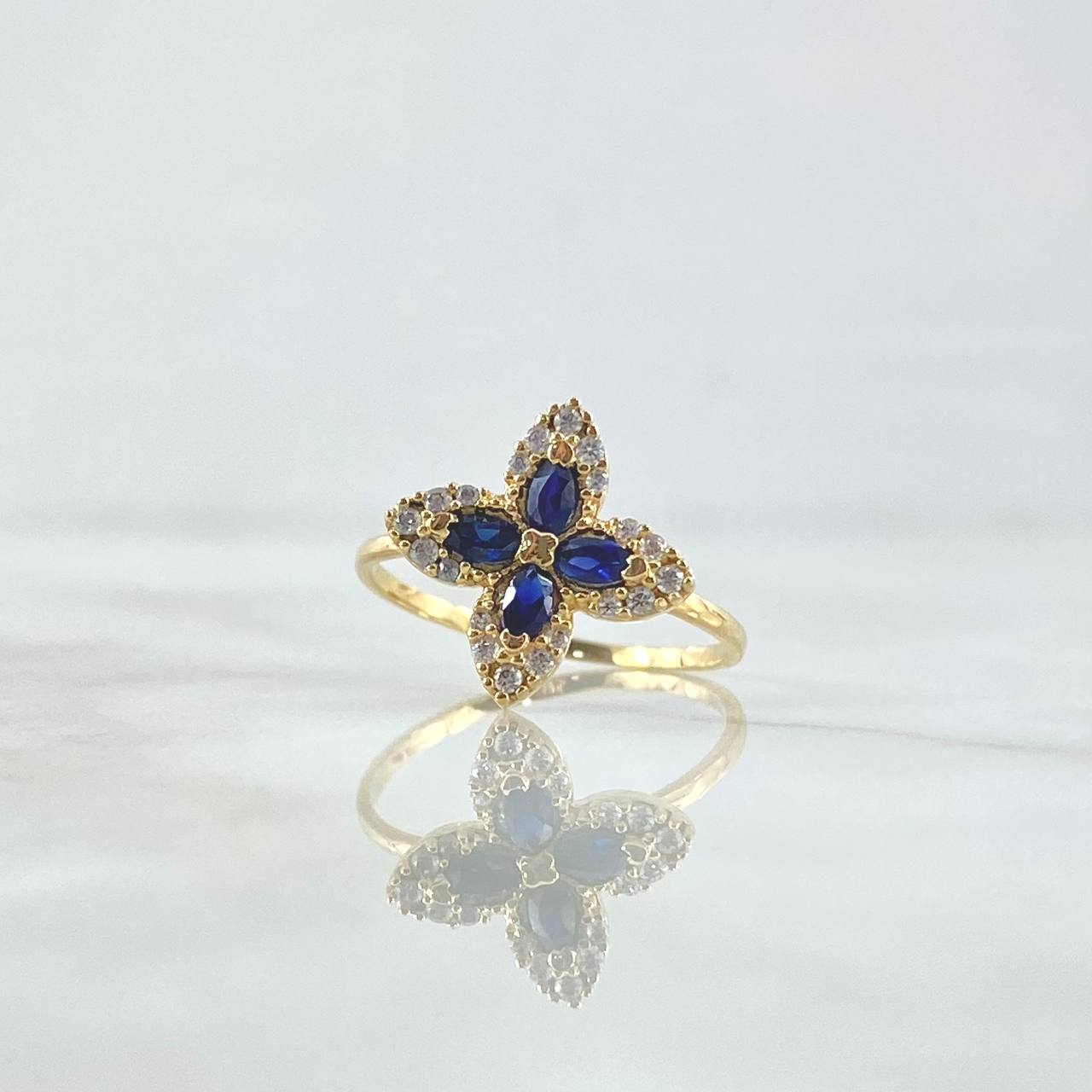 Cross Flower Ring 2.2gr / Size 7 / White - Blue Zircons Yellow Gold 18K