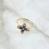 Cross Flower Ring 2.2gr / Size 7 / White - Blue Zircons Yellow Gold 18K
