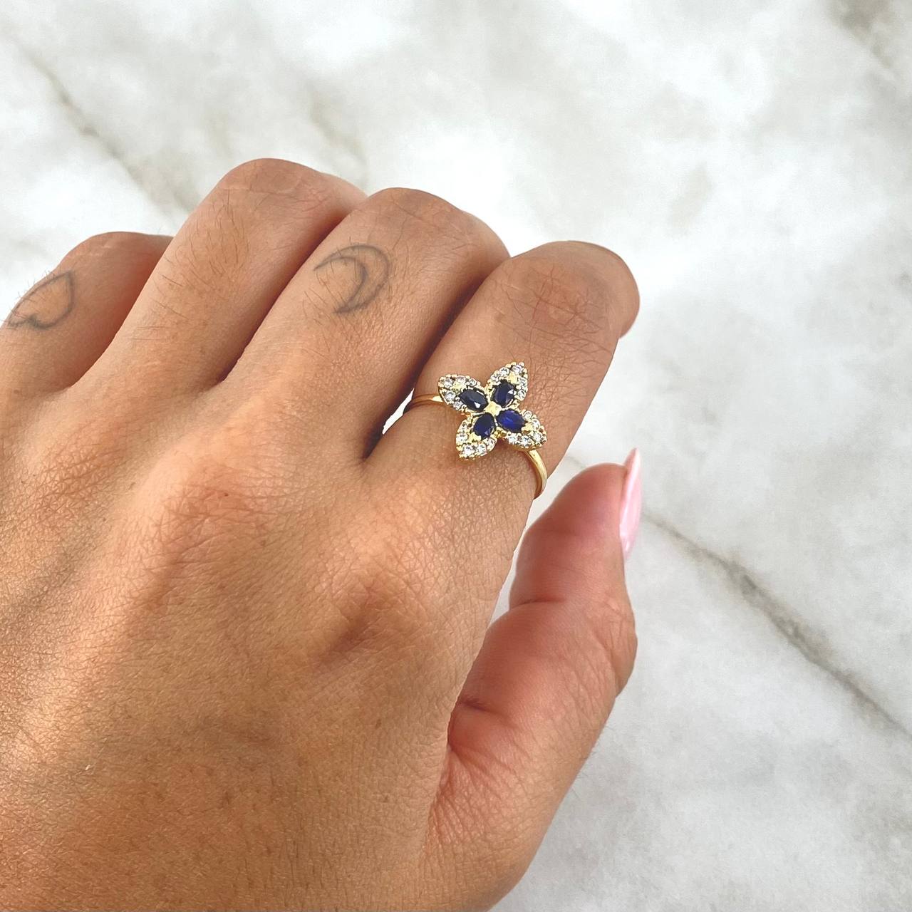 Cross Flower Ring 2.2gr / Size 7 / White - Blue Zircons Yellow Gold 18K