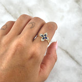 Cross Flower Ring 2.2gr / Size 7 / White - Blue Zircons Yellow Gold 18K
