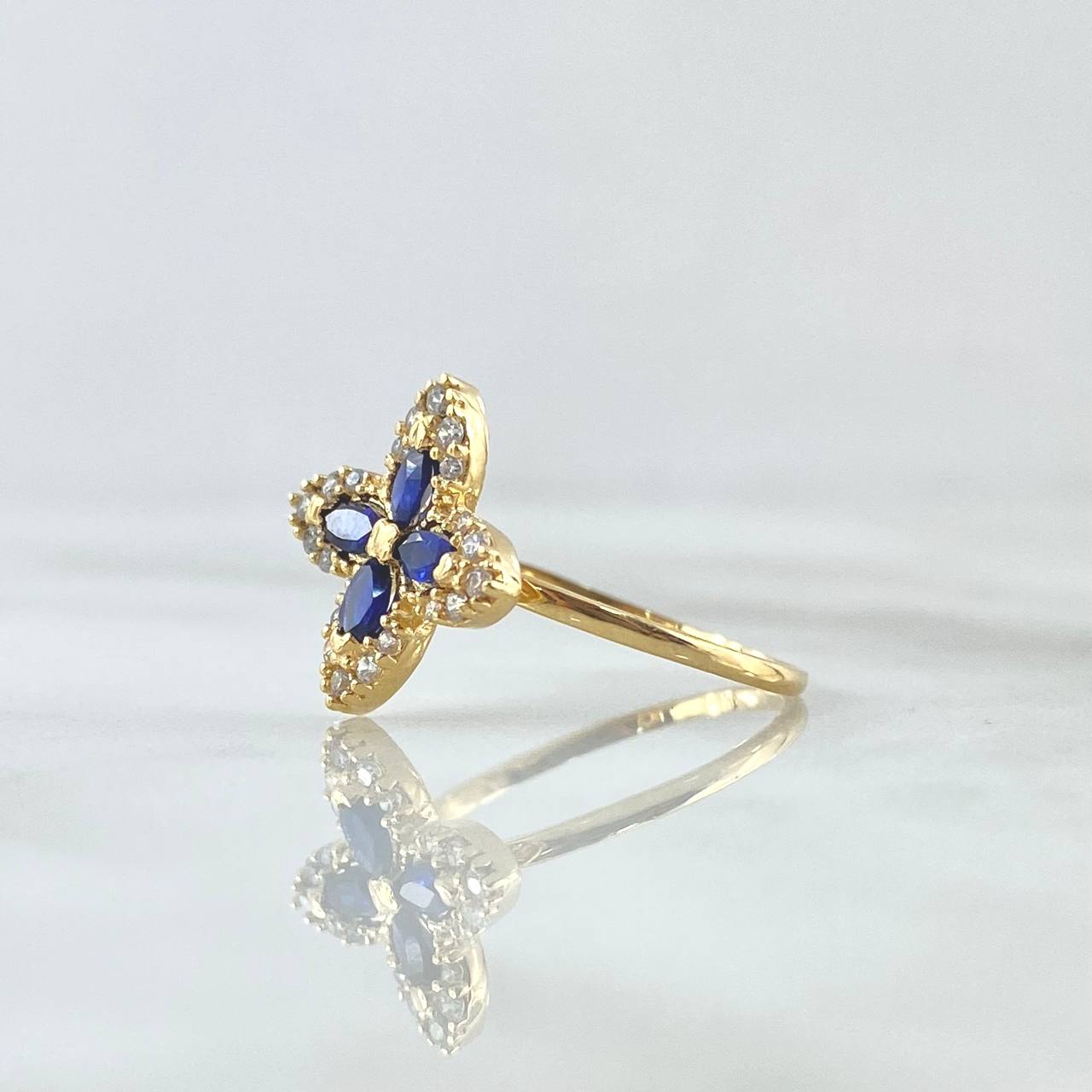 Cross Flower Ring 2.2gr / Size 7 / White - Blue Zircons Yellow Gold 18K