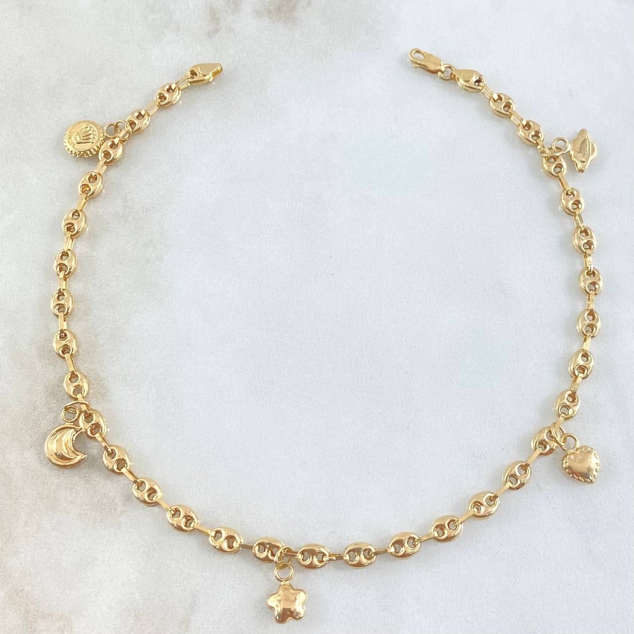 GC Calabrote Ankle Bracelet 4.8gr / 24cm / Heart-Star-Moon-Planet-Crown RX 18K Yellow Gold