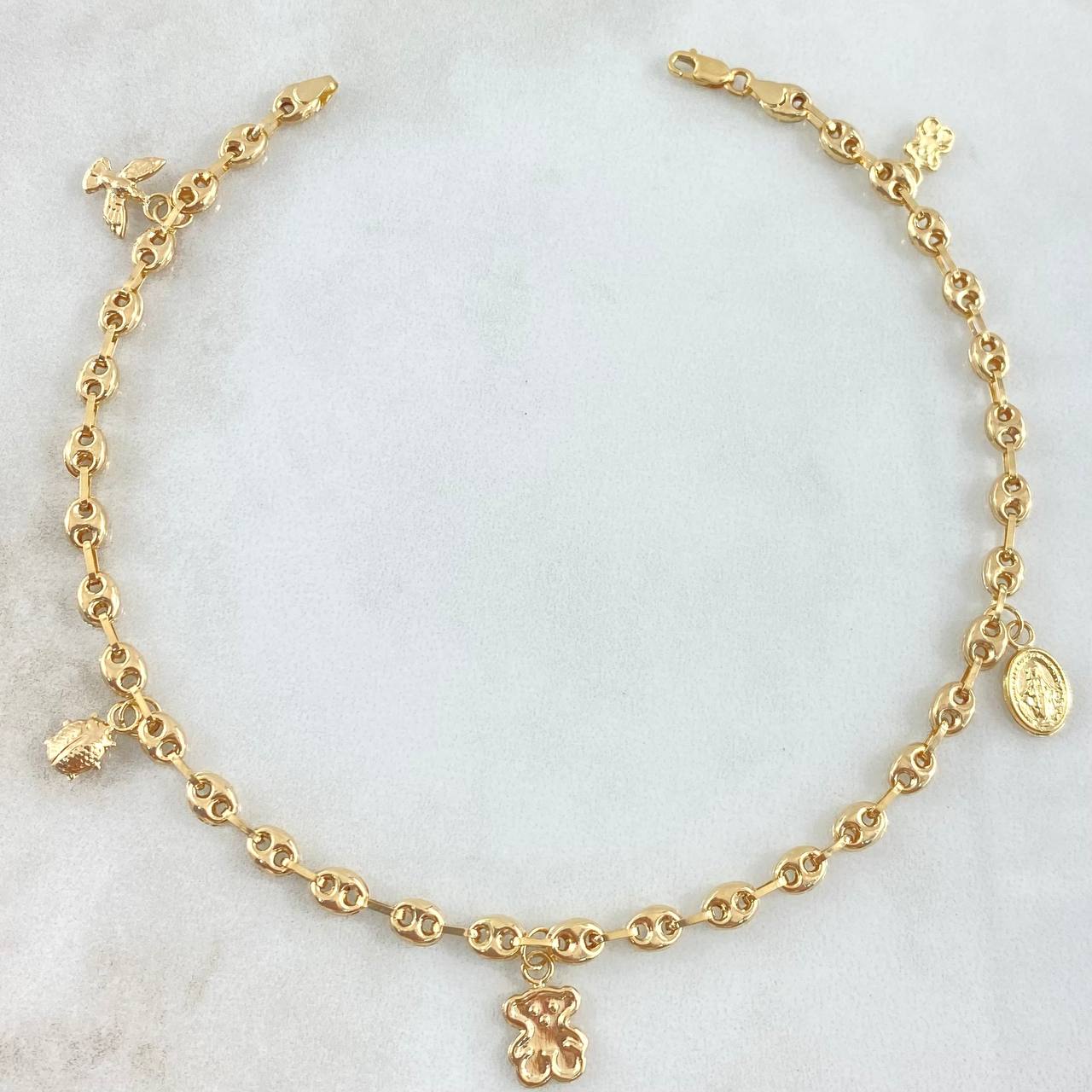 GC Calabrote Anklet 4.92gr / 24cm / Bear TS-Airplane-Ladybug-Virgen Milagrosa 18K Yellow Gold