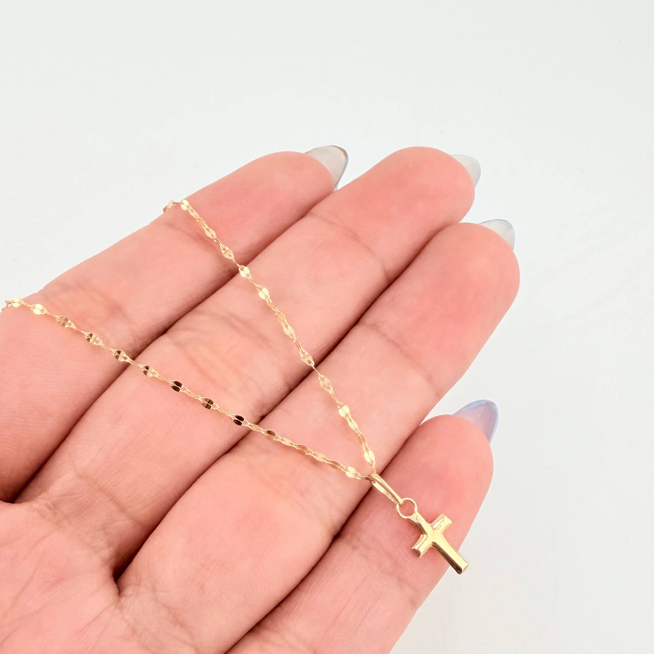 Set Cadena y Dije Flor Espejo + Cruz 1.15gr / 17 3/4 in / 1.3mm Oro Amarillo 18K