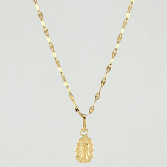 Set Cadena Flor De Espejo + Dije Dije Virgen De La Guadalupe Redondo / 1,35gr / 18 in Oro Amarillo 18K