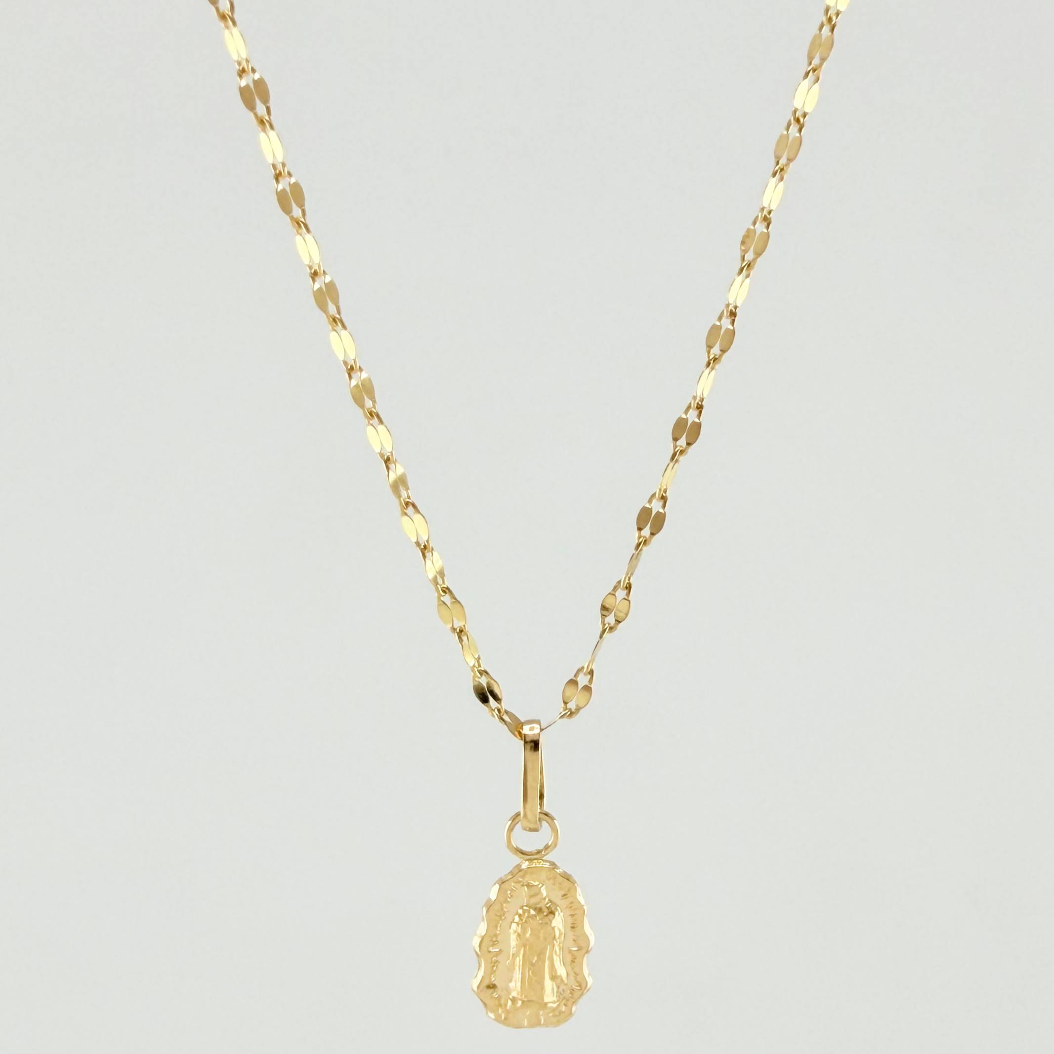 Set Cadena y Dije Flor Espejo + Virgen Guadalupe 1.25gr / 17 3/4 in / 1.3mm Oro Amarillo 18K
