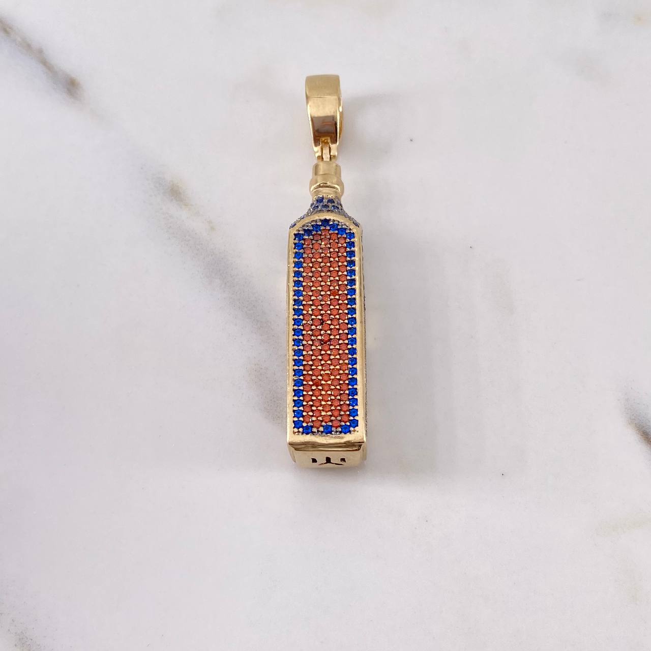 Pendant Blue Label Bottle 12.5gr / 5cm / Blue Orange Zircons 18K Yellow Gold $