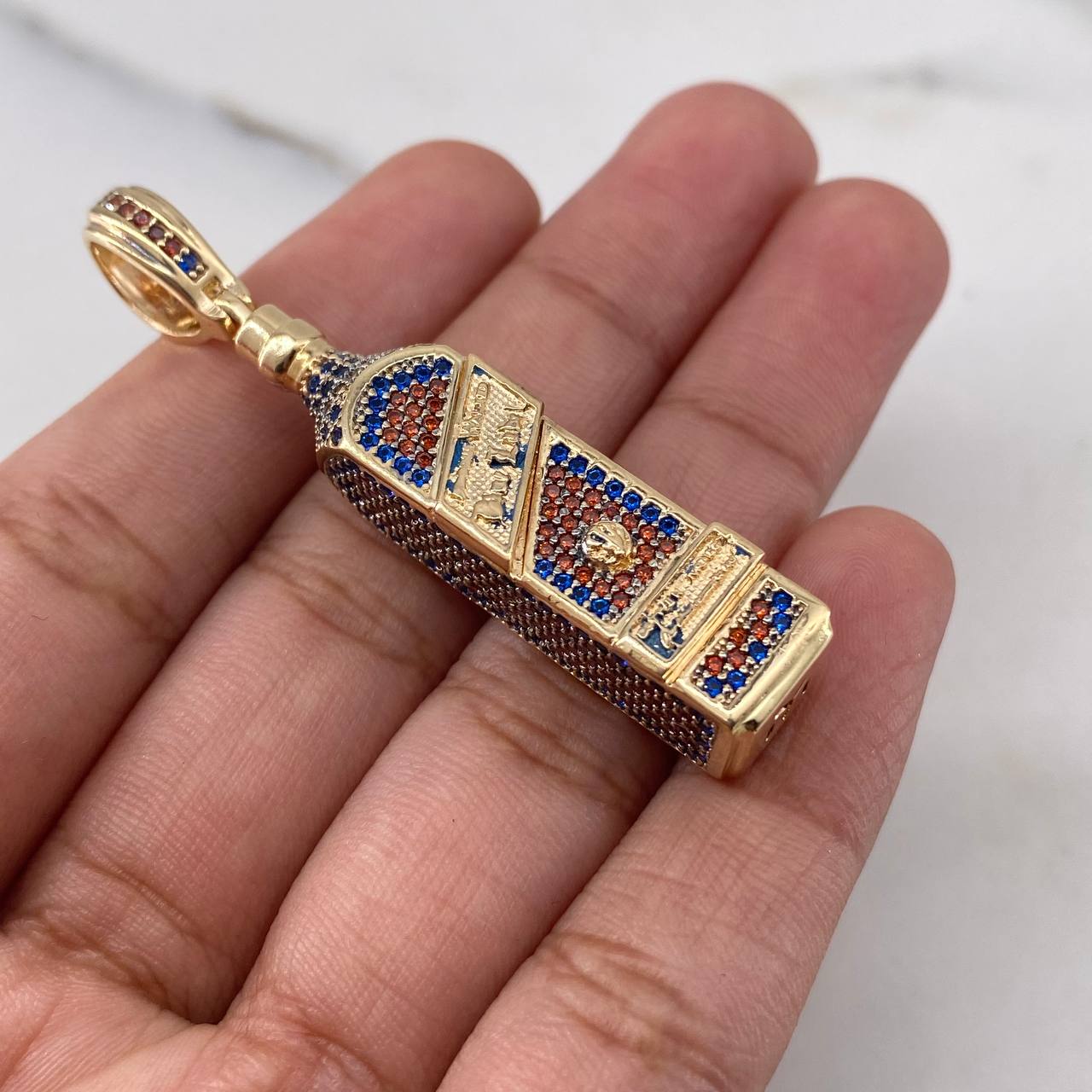 Pendant Blue Label Bottle 12.5gr / 5cm / Blue Orange Zircons 18K Yellow Gold $