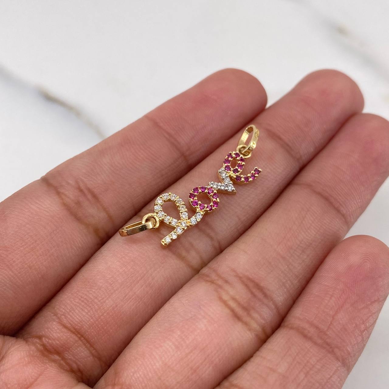 Pendant Love 1.2gr / 2.3cm / Fuchsia White Zircons Two 18K Yellow White Gold $