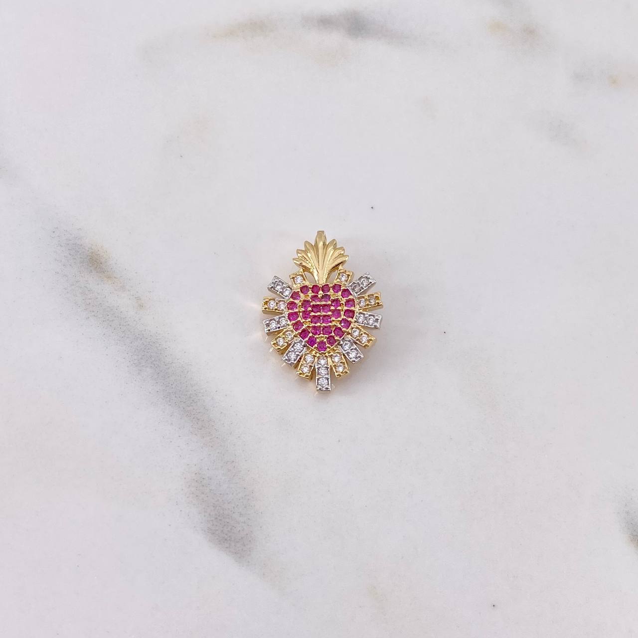Pendant Pineapple Heart 2.05gr / 1.9cm / Fuchsia White Zircons Two Yellow White 18K Gold $