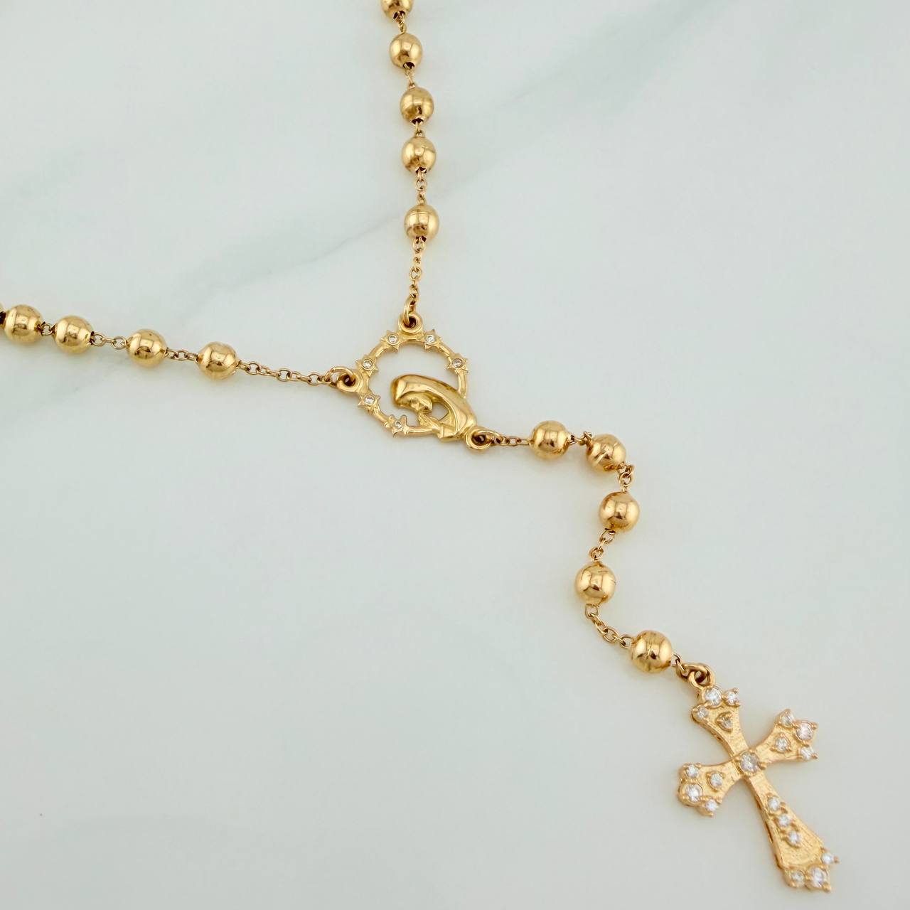 Rosario Virgen Maria Cruz 10.35gr / 23 1/2 in / 4mm-5mm Oro Amarillo 18K %