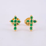 Stud Earrings Cross Emeralds 18pts 1.2gr / 1/4 in / 18K Yellow Gold ©
