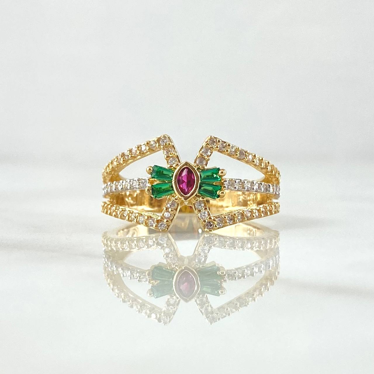 Bow Ring Lemniscate Straight 3.7gr / Size 6 1/2 / White Green Fuchsia Zircons 18K Yellow Gold