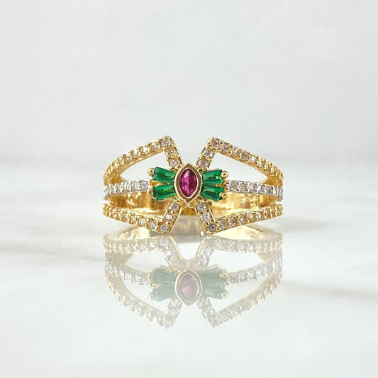 Bow Ring Lemniscate Straight 3.7gr / Size 6 1/2 / White Green Fuchsia Zircons 18K Yellow Gold