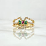 Bow Ring Lemniscate Straight 3.7gr / Size 6 1/2 / White Green Fuchsia Zircons 18K Yellow Gold