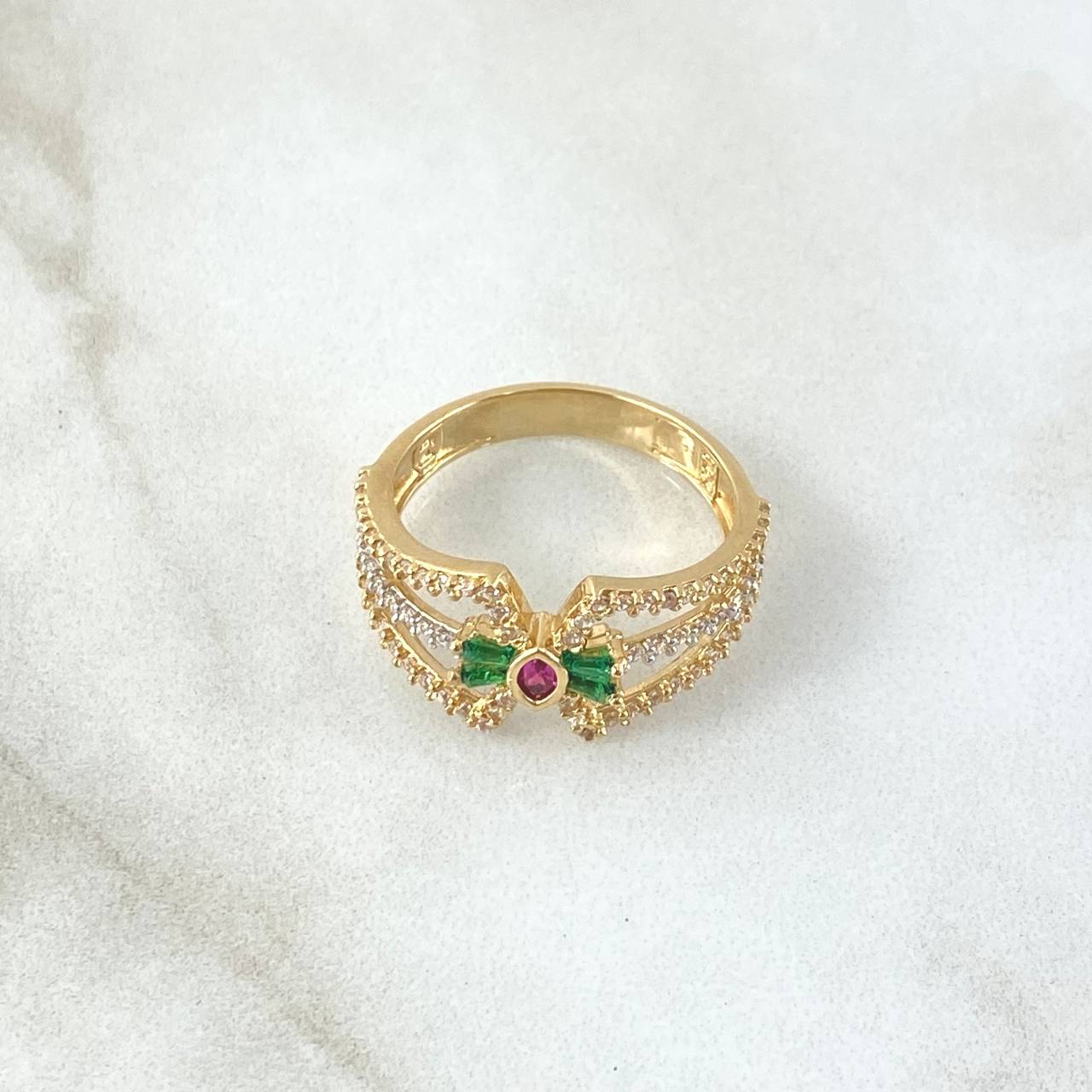 Bow Ring Lemniscate Straight 3.7gr / Size 6 1/2 / White Green Fuchsia Zircons 18K Yellow Gold