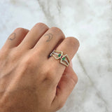 Bow Ring Lemniscate Straight 3.7gr / Size 6 1/2 / White Green Fuchsia Zircons 18K Yellow Gold