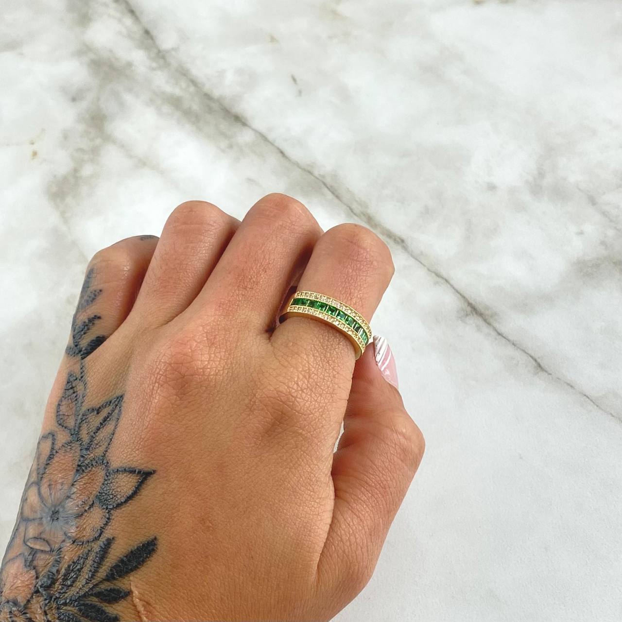 Intermediate Rail Ring Band 3.3gr / T5 3/4 / White Zircons - 18K Yellow Gold Green