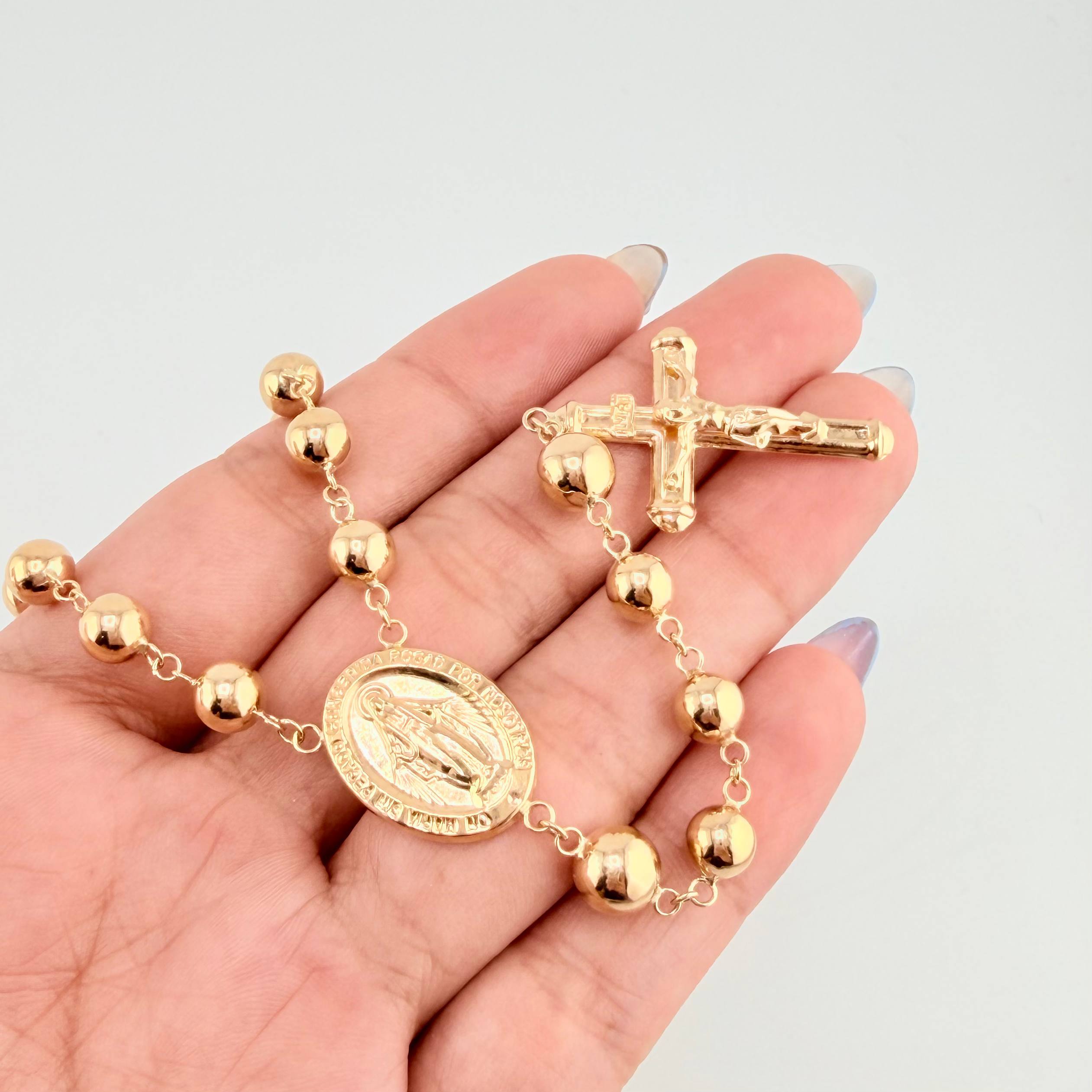 Rosario Virgen Milagrosa Cruz Cristo 17.1gr / 25 1/2 in / 6mm-7mm Oro Amarillo 18K ©