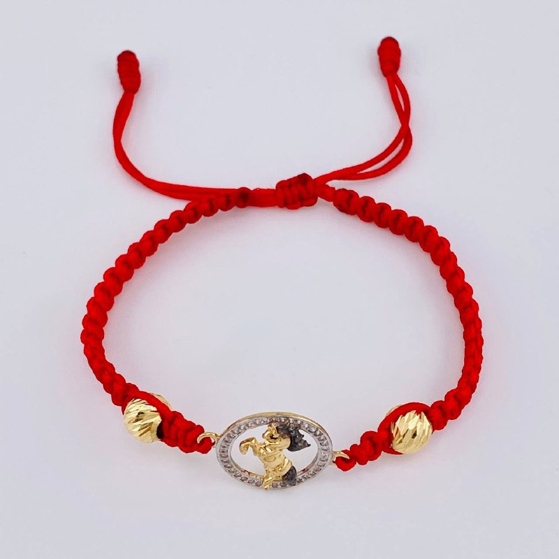 Pulsera Tejida Roja Circulo Caballo Bolas Diamantadas Dos Oros Amarillo Blanco 18K