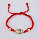 Pulsera Tejida Roja Circulo Caballo Bolas Diamantadas Dos Oros Amarillo Blanco 18K