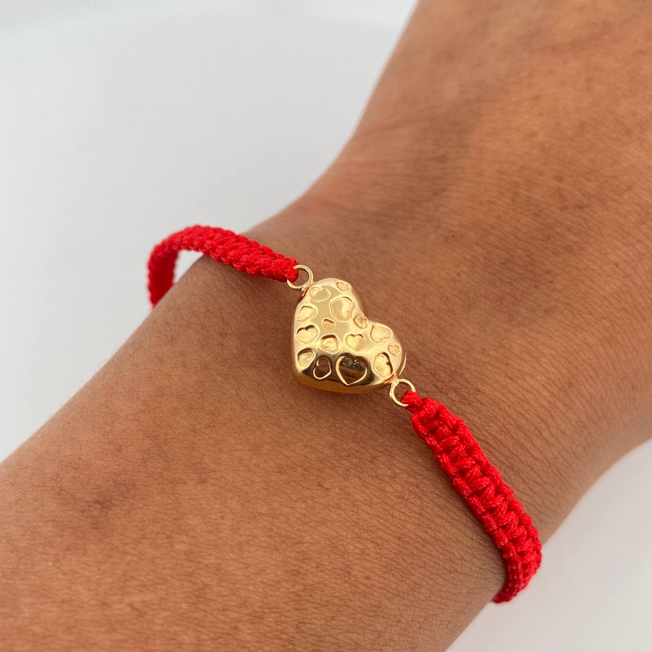 Pulsera Tejida Roja Corazon 0.85gr / Oro Amarillo 18K &