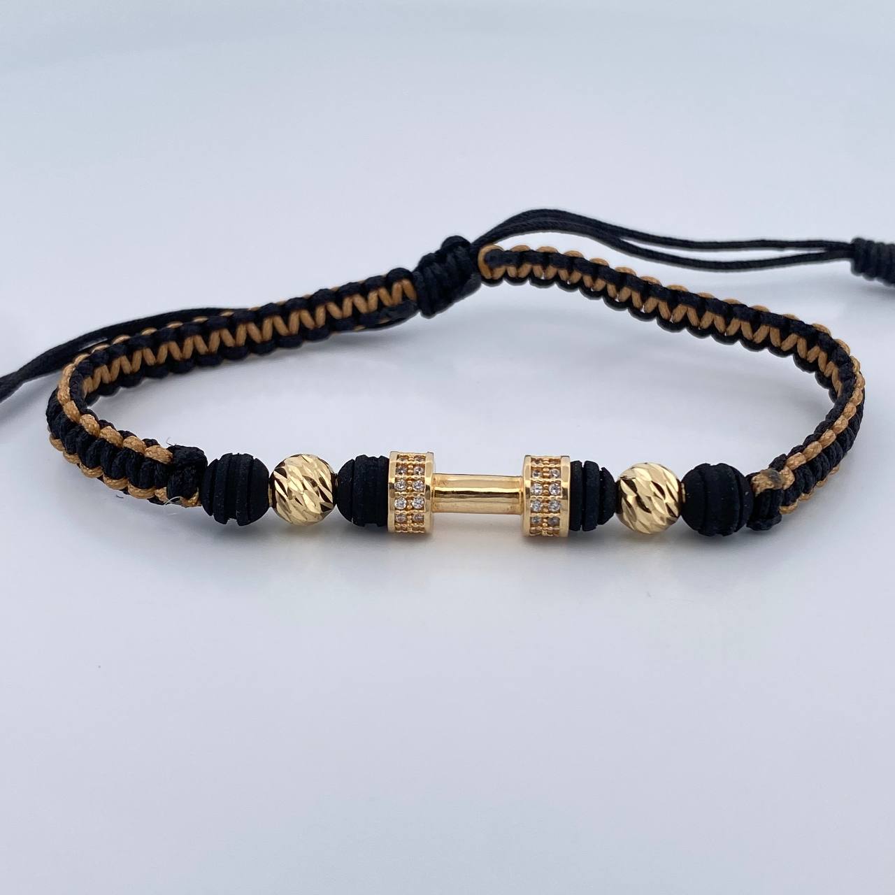 Woven Bracelet Beige Black Dumbbell 2.45gr / 18K Gold