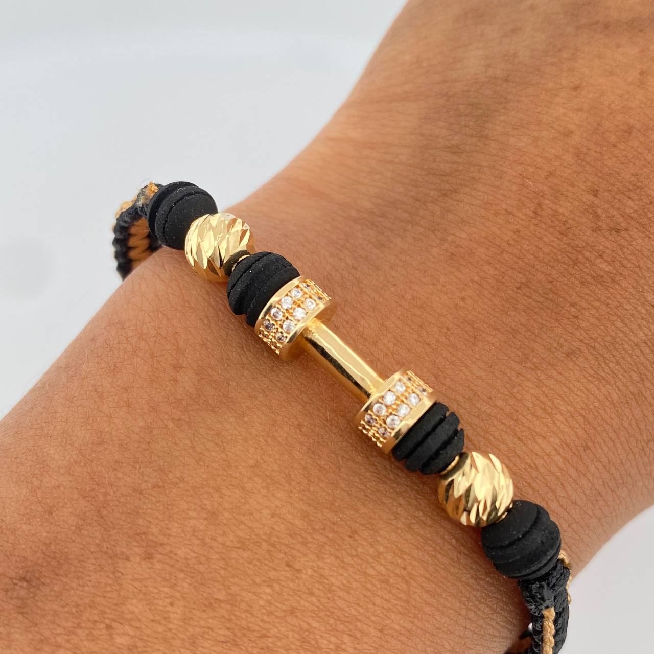 Woven Bracelet Beige Black Dumbbell 2.45gr / 18K Gold