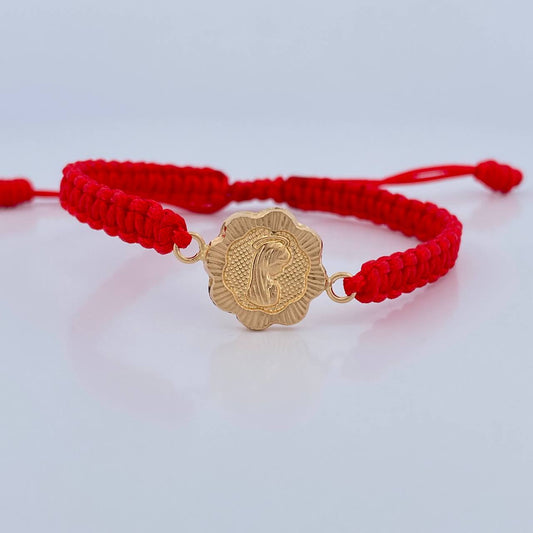 Pulsera Tejida Roja Virgen Maria Flor 1.1gr / Oro Amarillo 18K &