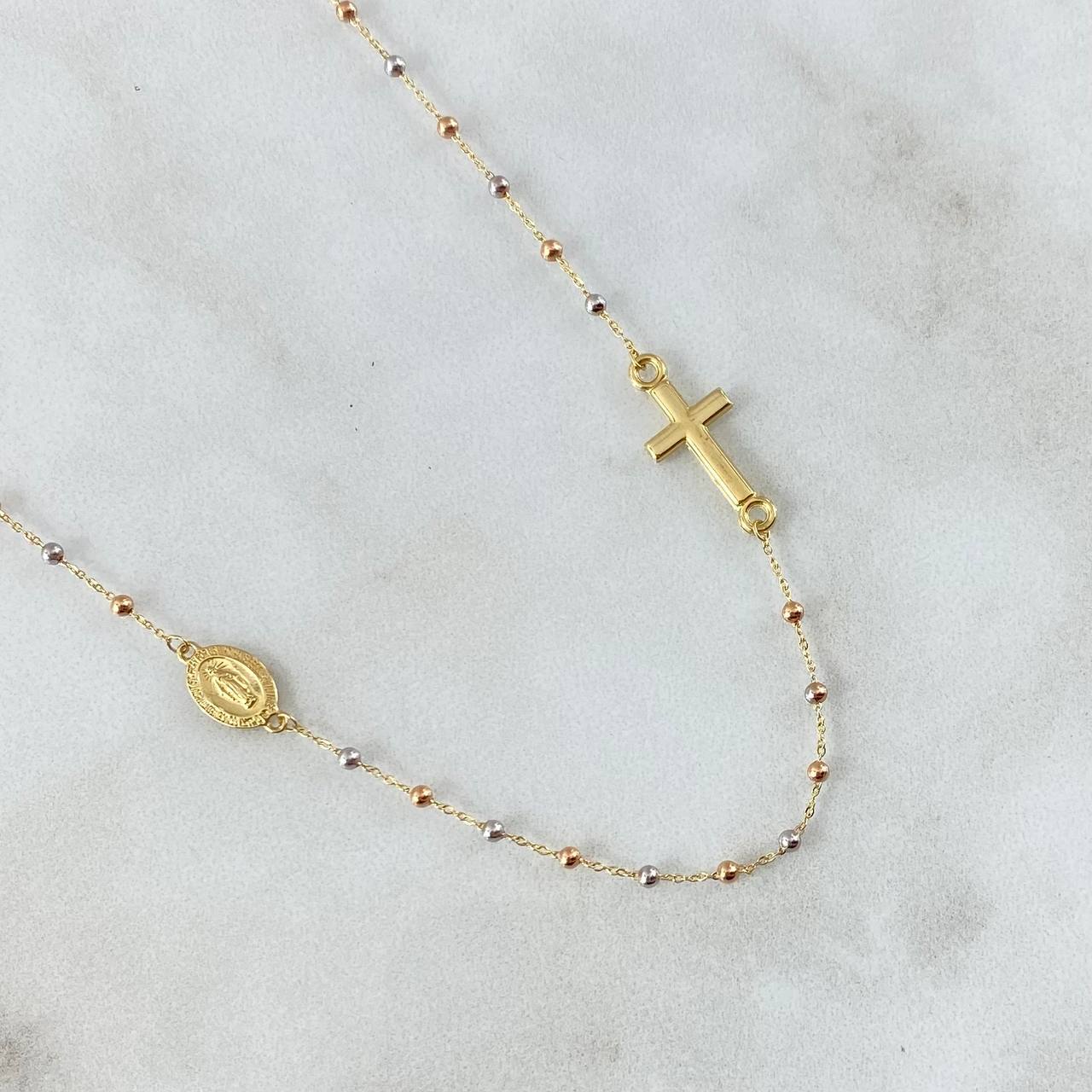 Cadena Denario Virgen Milagrosa 2.65gr / 45cm / 2mm Bolas Lisas Cruz Lisa Oro Amarillo +4 18K