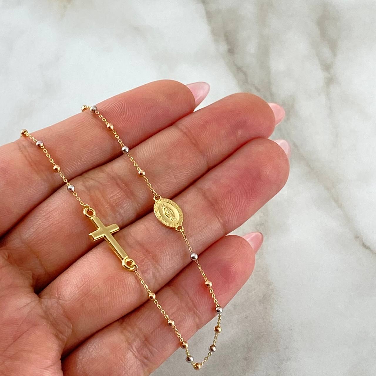 Cadena Denario Virgen Milagrosa 2.65gr / 45cm / 2mm Bolas Lisas Cruz Lisa Oro Amarillo +4 18K