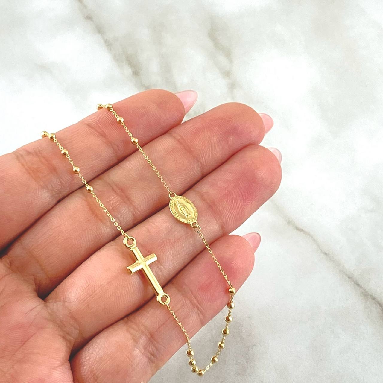 Cadena Denario Virgen Milagrosa 2.65gr / 45cm / 2mm Bolas Lisas Cruz Lisa Oro Amarillo +4 18K ©