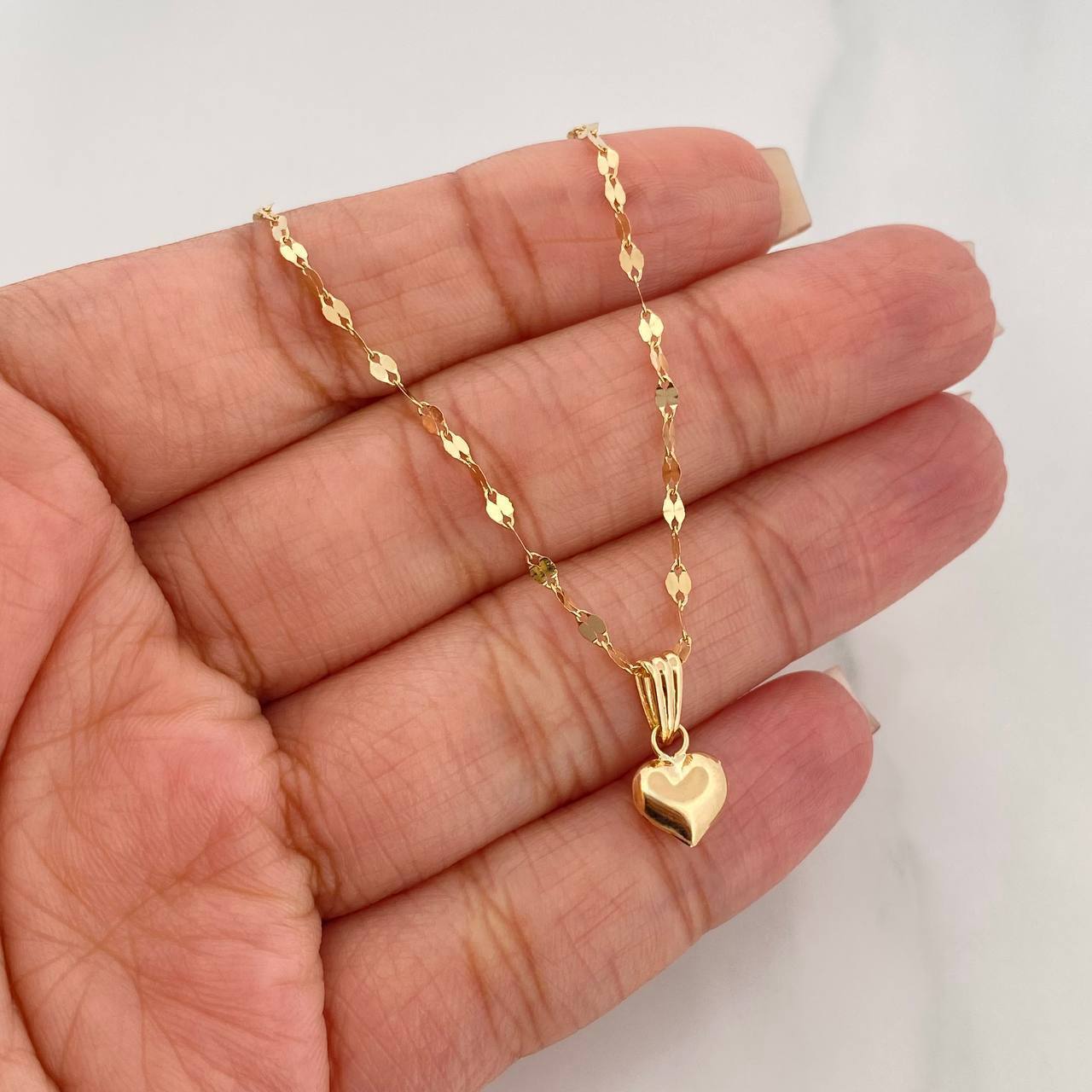 Set Cadena Flor Espejo + Dije Corazón / 1.4 g / 17 3/4 in Oro Amarillo 18K