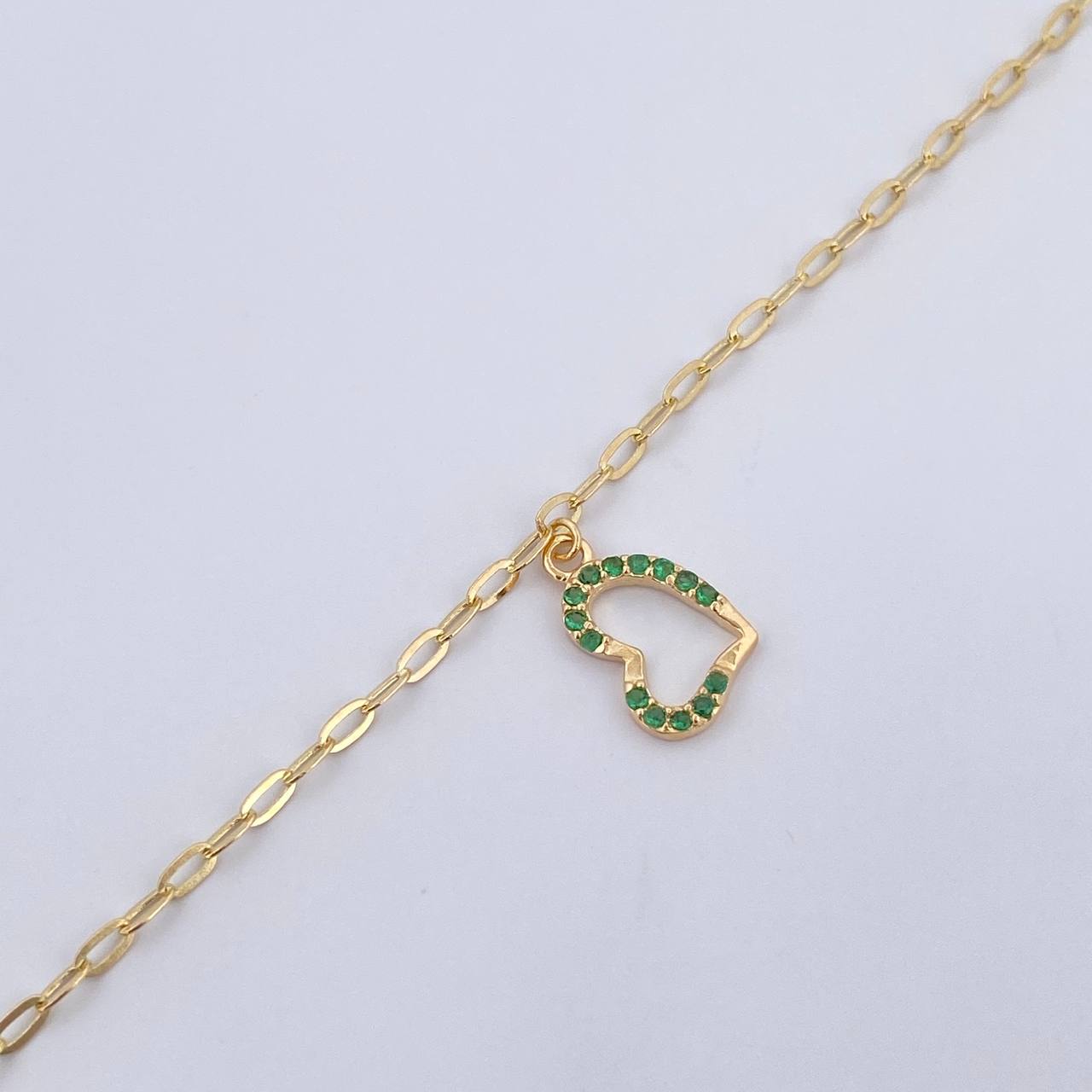 Heart Box Anklet Beads 1.9gr / 25.5cm (10.0in) / 5mm Green Zircons 18K Yellow Gold &