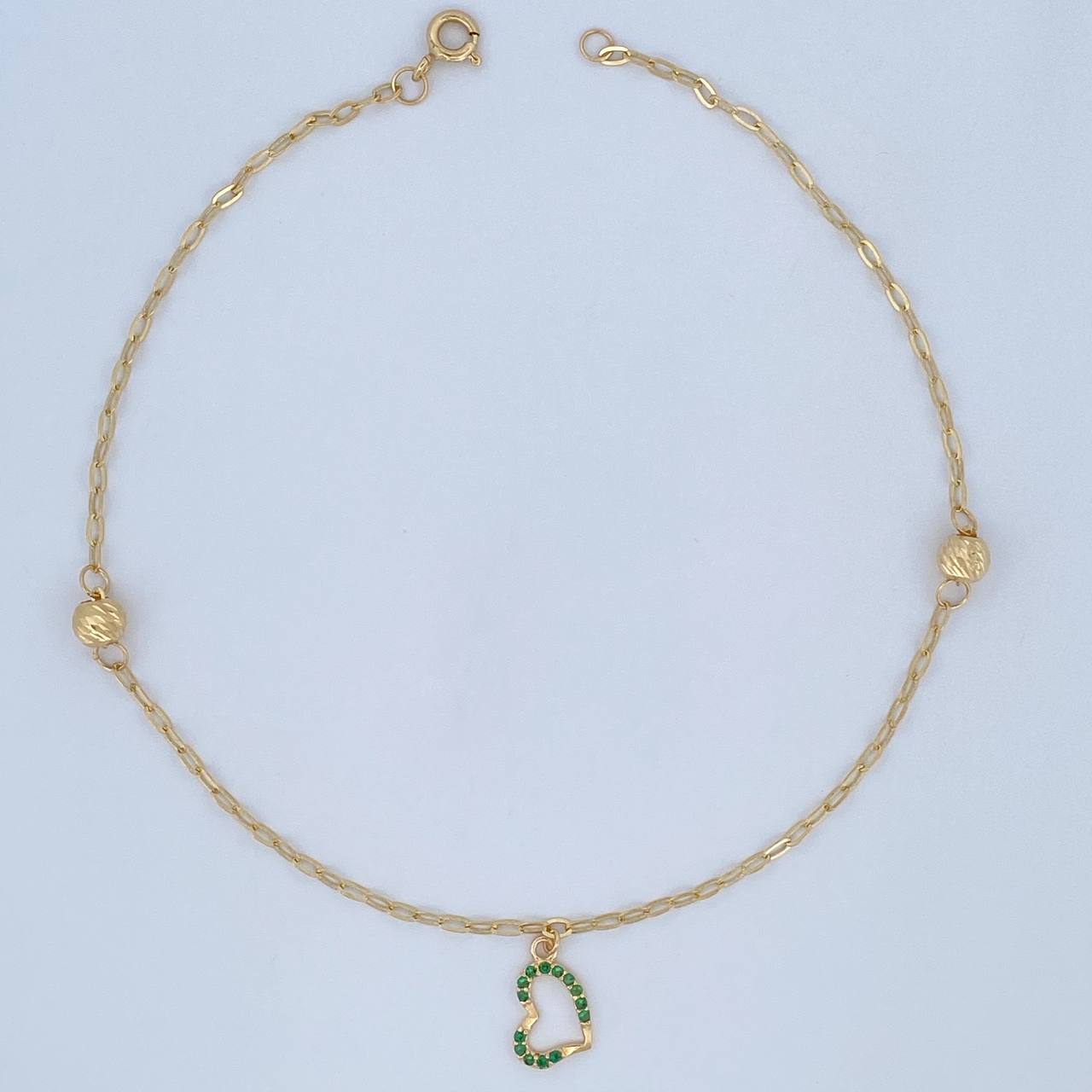 Heart Box Anklet Beads 1.9gr / 25.5cm (10.0in) / 5mm Green Zircons 18K Yellow Gold &