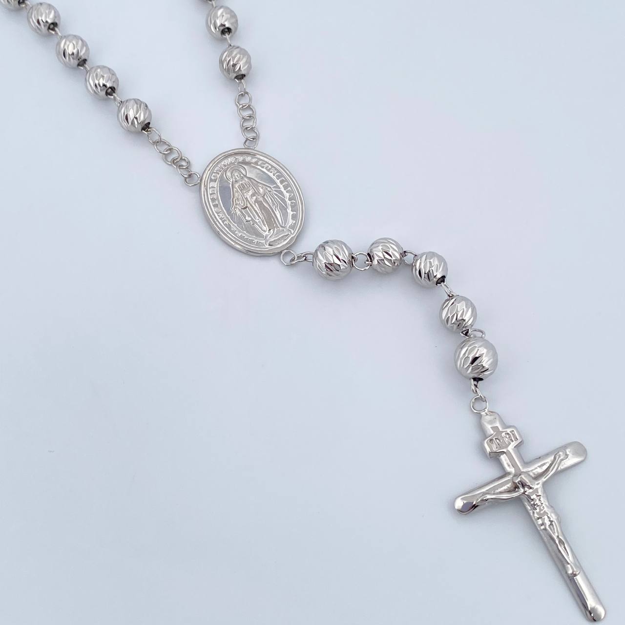 Miraculous Virgin Rosary 24.2gr / 62cm / 6mm-7mm Beads Diamond Cut 18K White Gold &