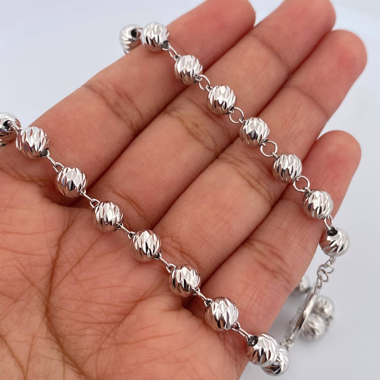Miraculous Virgin Rosary 24.2gr / 62cm / 6mm-7mm Beads Diamond Cut 18K White Gold &