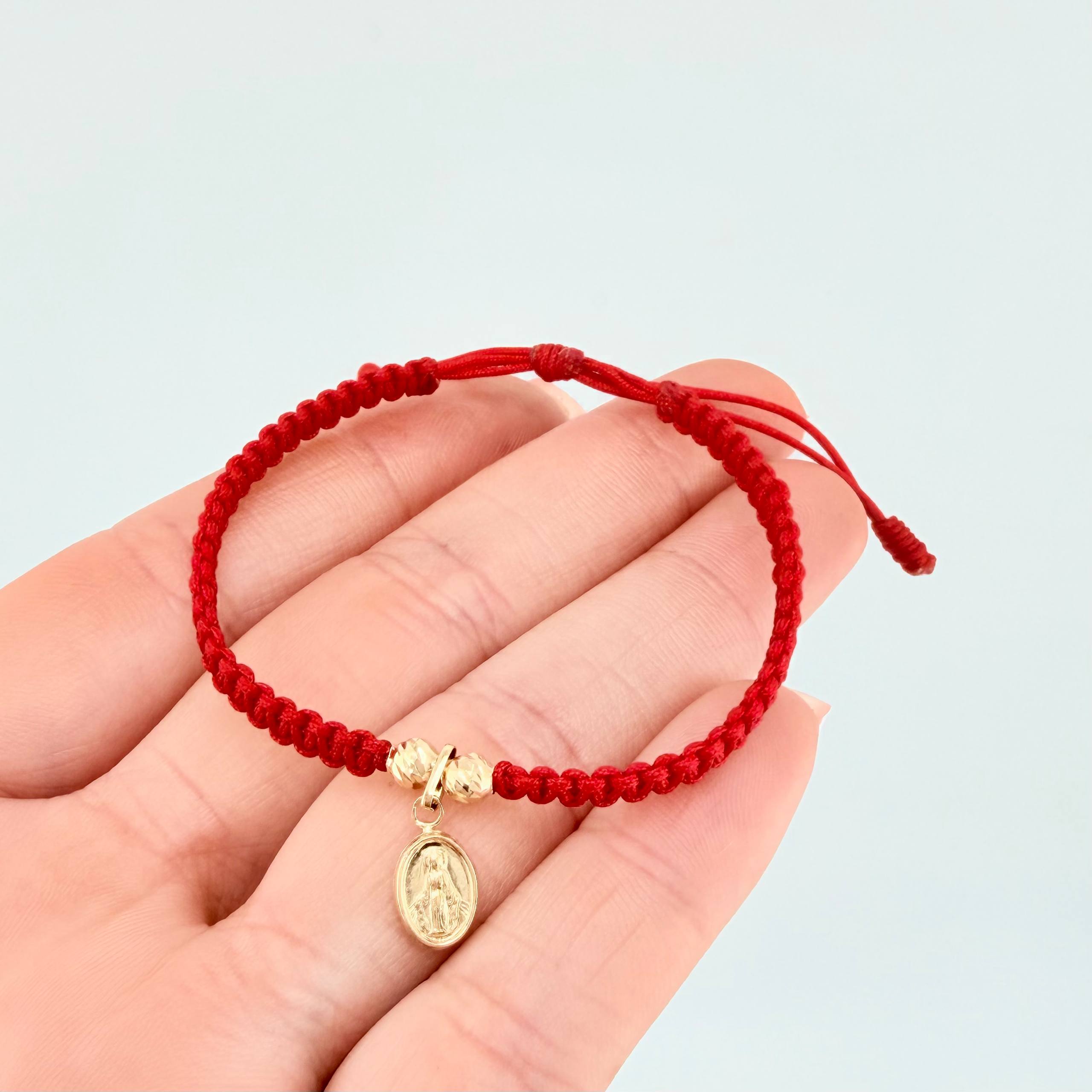 Pulsera Roja Virgen Milagrosa Bolas Diamantadas 2und / Oro Amarillo 18K  (A.C)