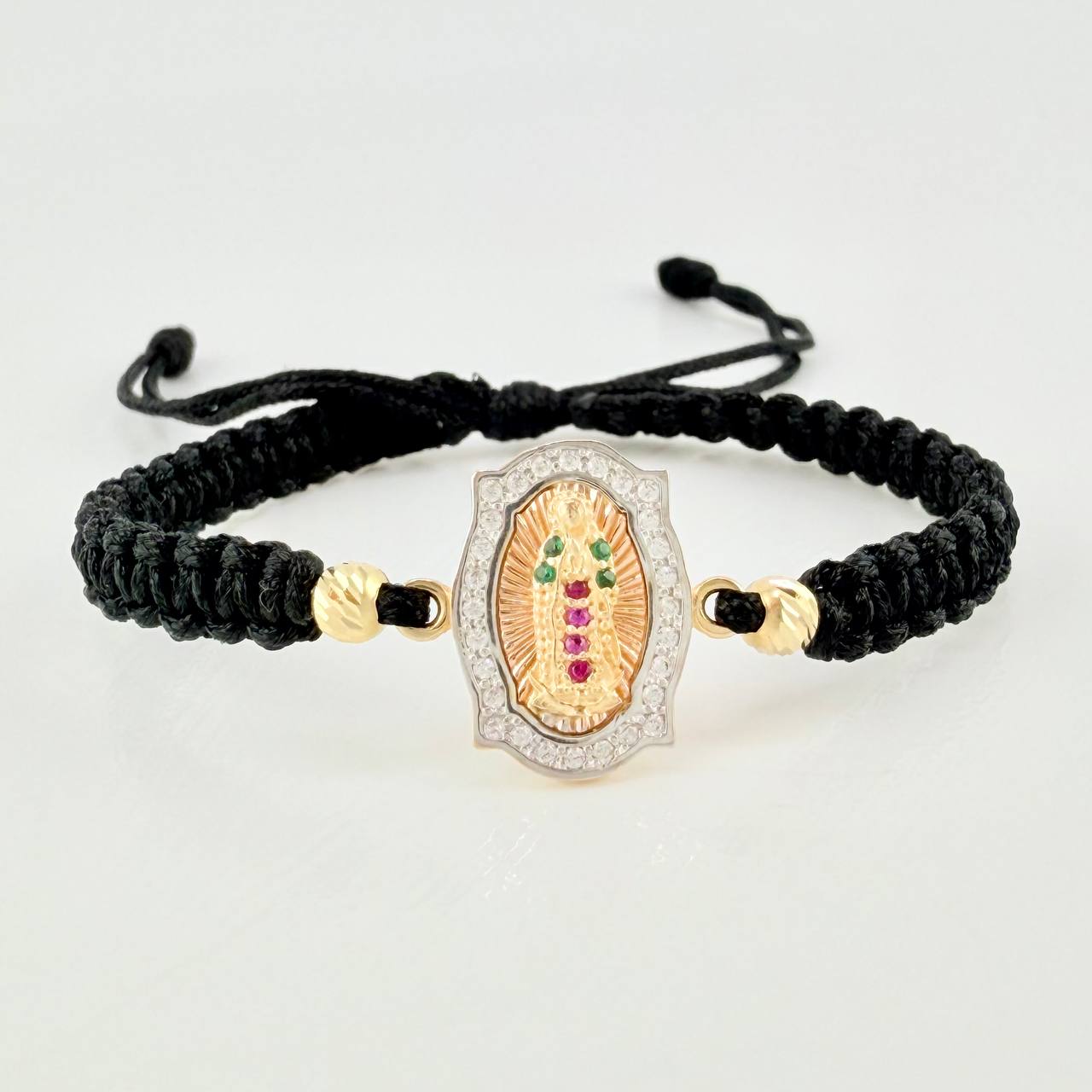 Pulsera Tejida Negra Virgen Guadalupe Bolas Diamantadas Tres Oros 18K