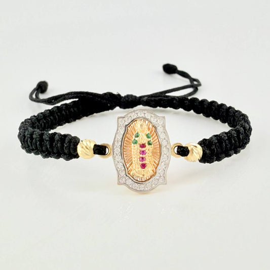 Pulsera Tejida Negra Virgen Guadalupe Bolas Diamantadas Tres Oros 18K