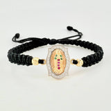 Pulsera Tejida Negra Virgen Guadalupe Bolas Diamantadas Tres Oros 18K